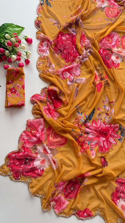 Guldasta Pure Georgette Silk Saree with Digital Floral Print & Cutdana Work