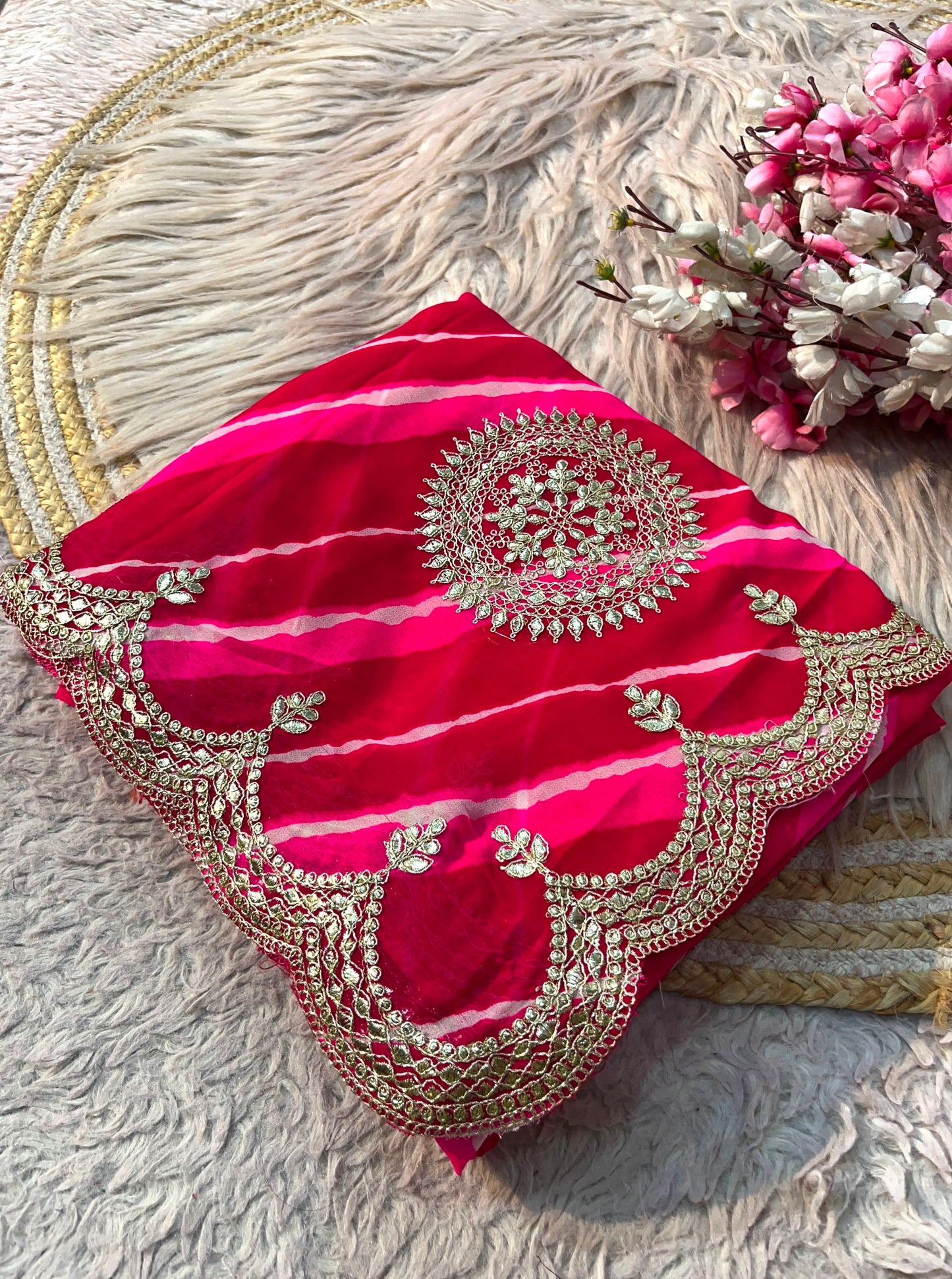 Traditional Leheriya Georgette Saree with Heavy Foil Gota Work & Cutwork Border