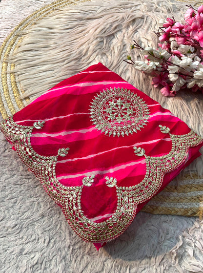 Traditional Leheriya Georgette Saree with Heavy Foil Gota Work & Cutwork Border