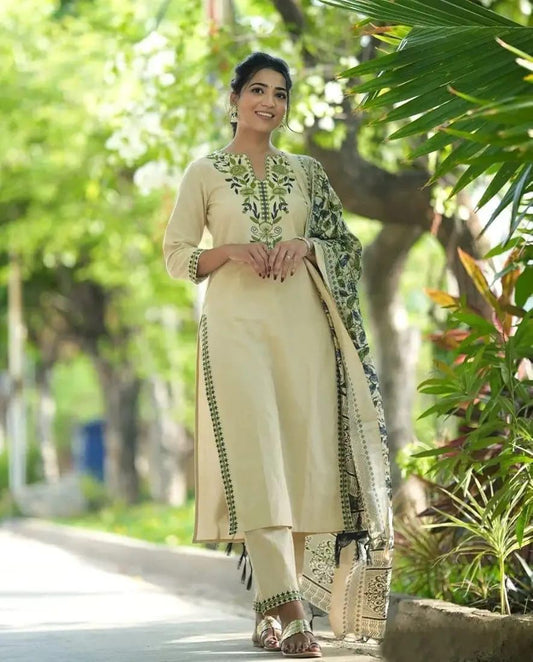 Designer Khadi Cotton Kurti Pant Set with Embroidered Work & Silk Dupatta – Elegant Daily & Festive Wear (Cream)