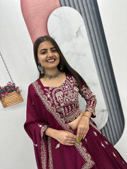 Maroon Heavy Embroidery Vichitra Silk Lehenga Choli