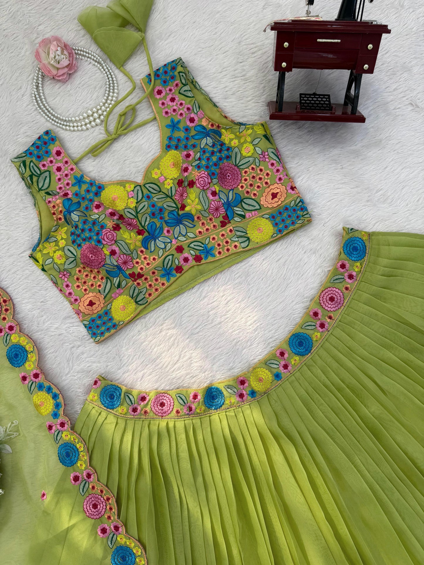 Parrot Green Floral Embroidered Organza Silk Lehenga Choli with Dupatta