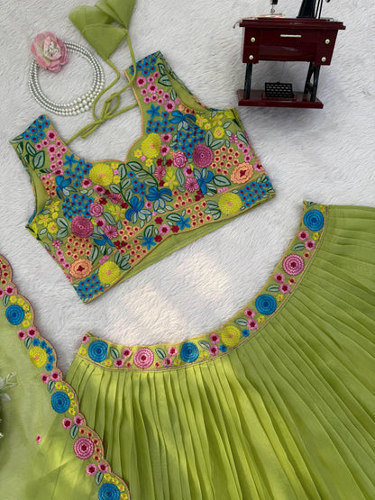 Parrot Green Floral Embroidered Organza Silk Lehenga Choli with Dupatta