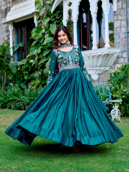 Elegant Festival Wear Fendy Silk Long Gown with Embroidered Dupatta