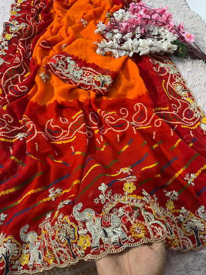 Premium Bandhani Peliya Saree with Heavy Multi Coding C-Pallu Work | Designer Party Wear Saree