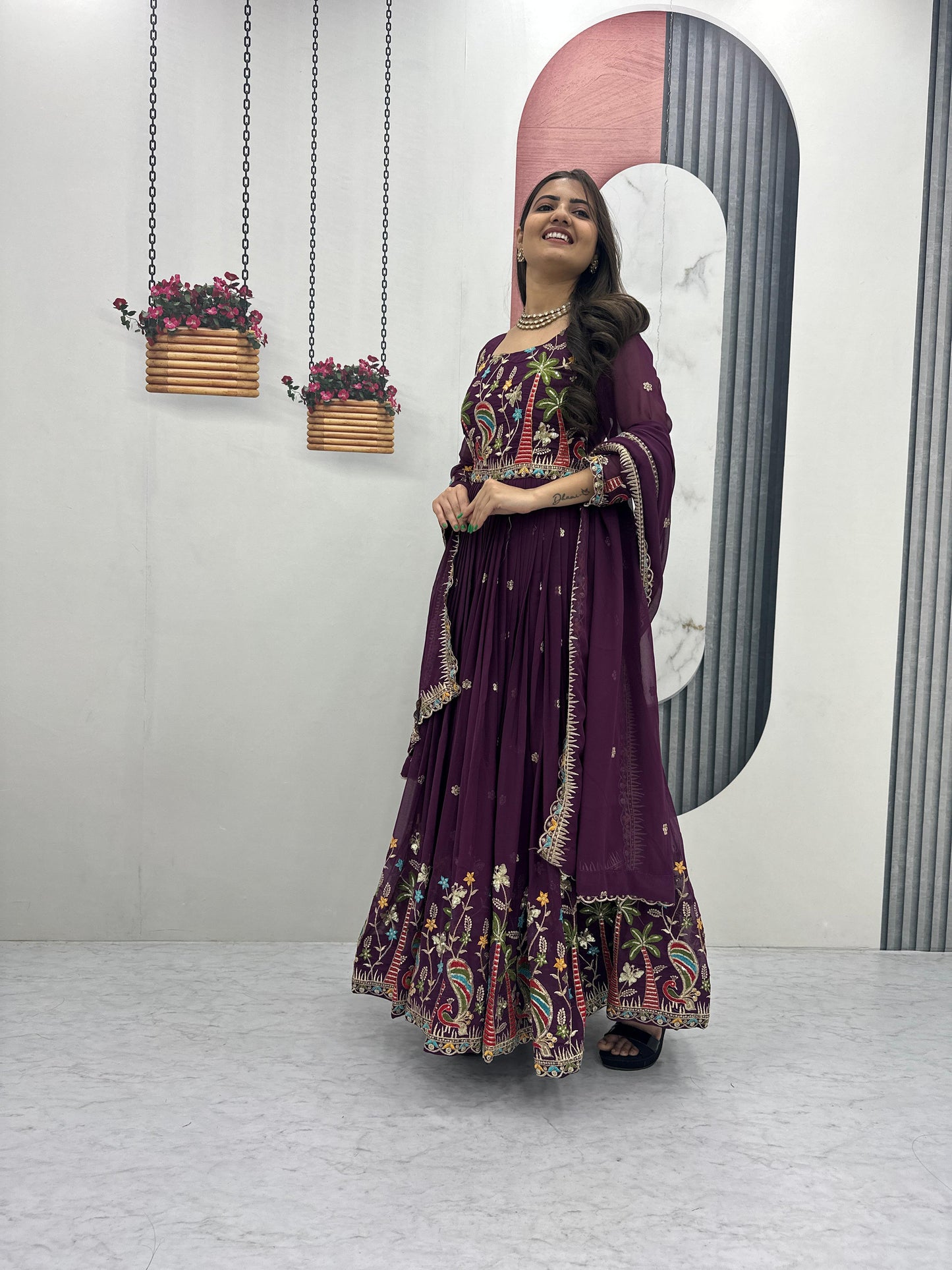Embroidered Georgette Festive Gown with Dupatta