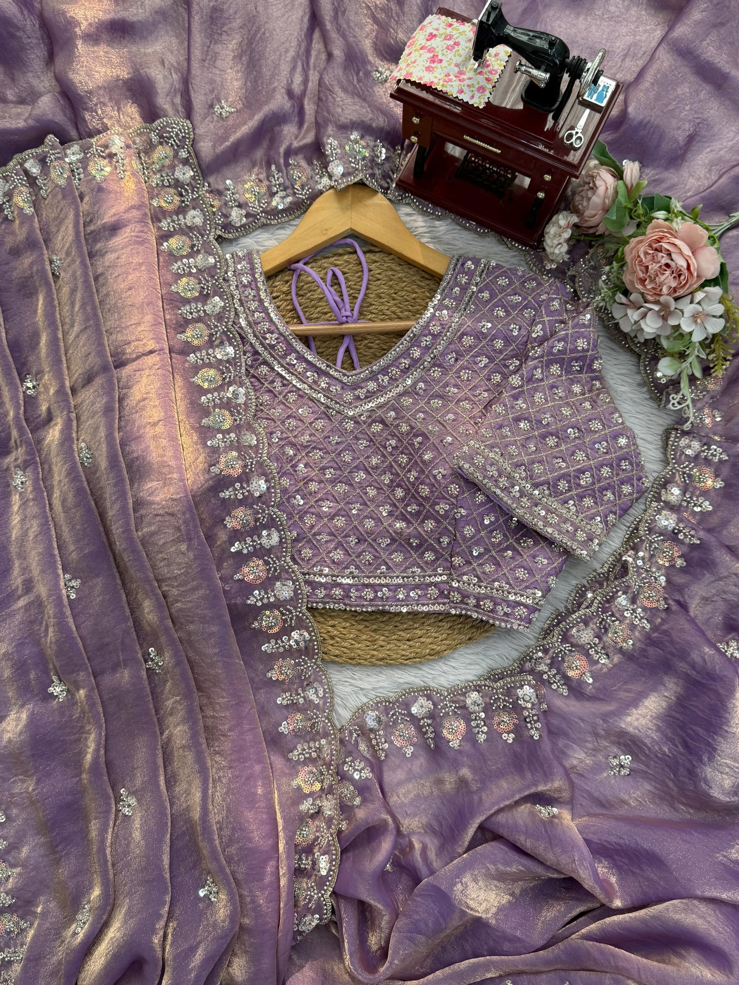Women Lavender Fendy Silk Heavy Beads & Sequins Embroidered Designer Saree
