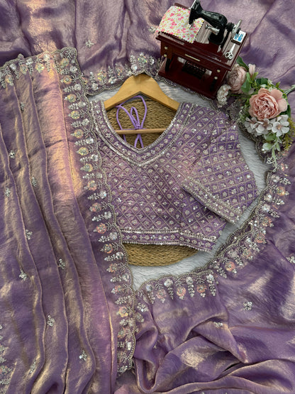 Women Lavender Fendy Silk Heavy Beads & Sequins Embroidered Designer Saree