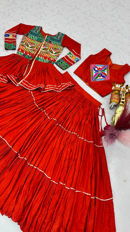 Navratri Gamthi Work Cotton Lehenga Choli with Koti | 9 Meter Flair Mirror Work | Women's Garba Dress