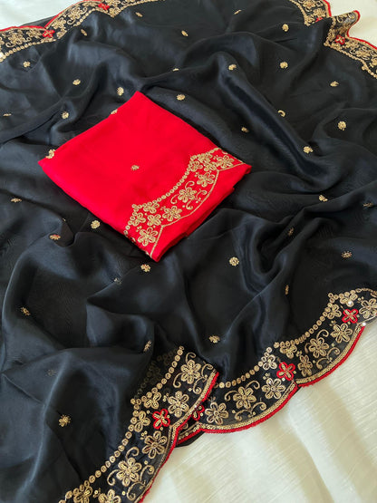 Soft Rangoli Silk Saree with Zari Embroidery Work & Contrast Blouse