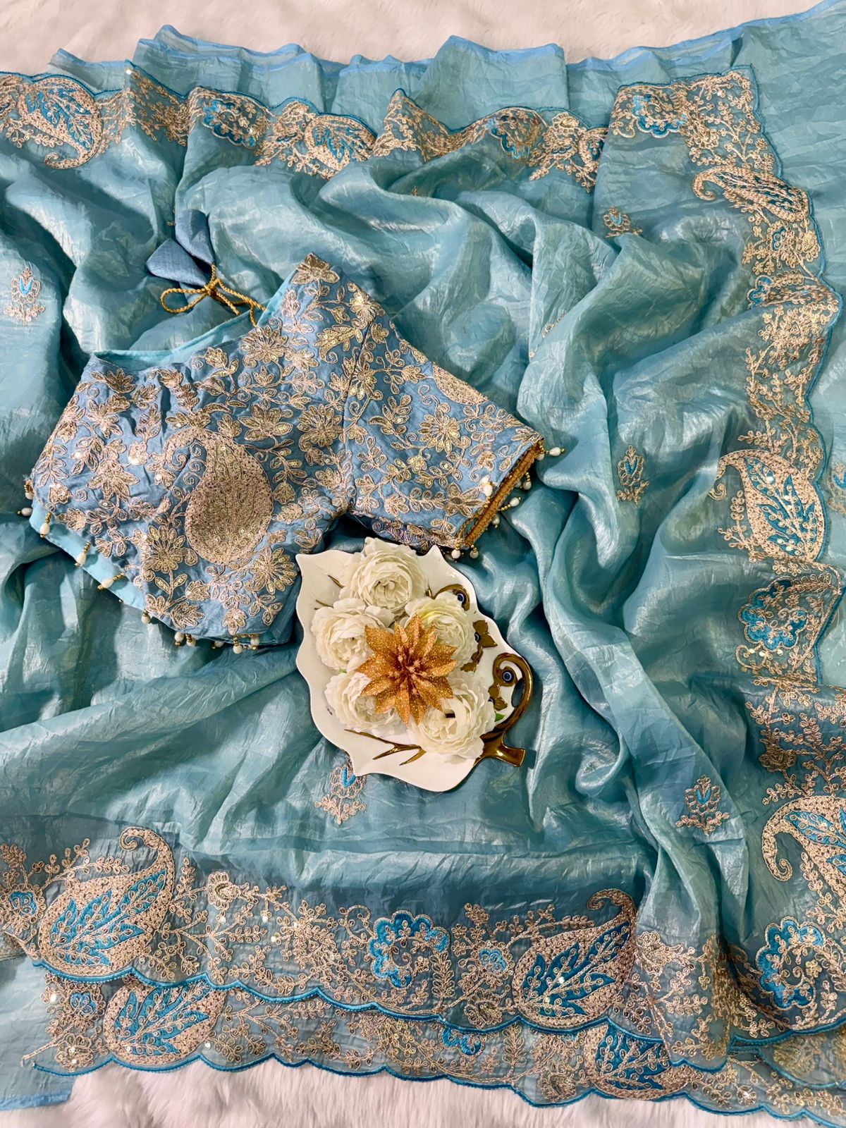 Elegant Crystal Crush Tissue Saree – Designer Embroidered Party Wear