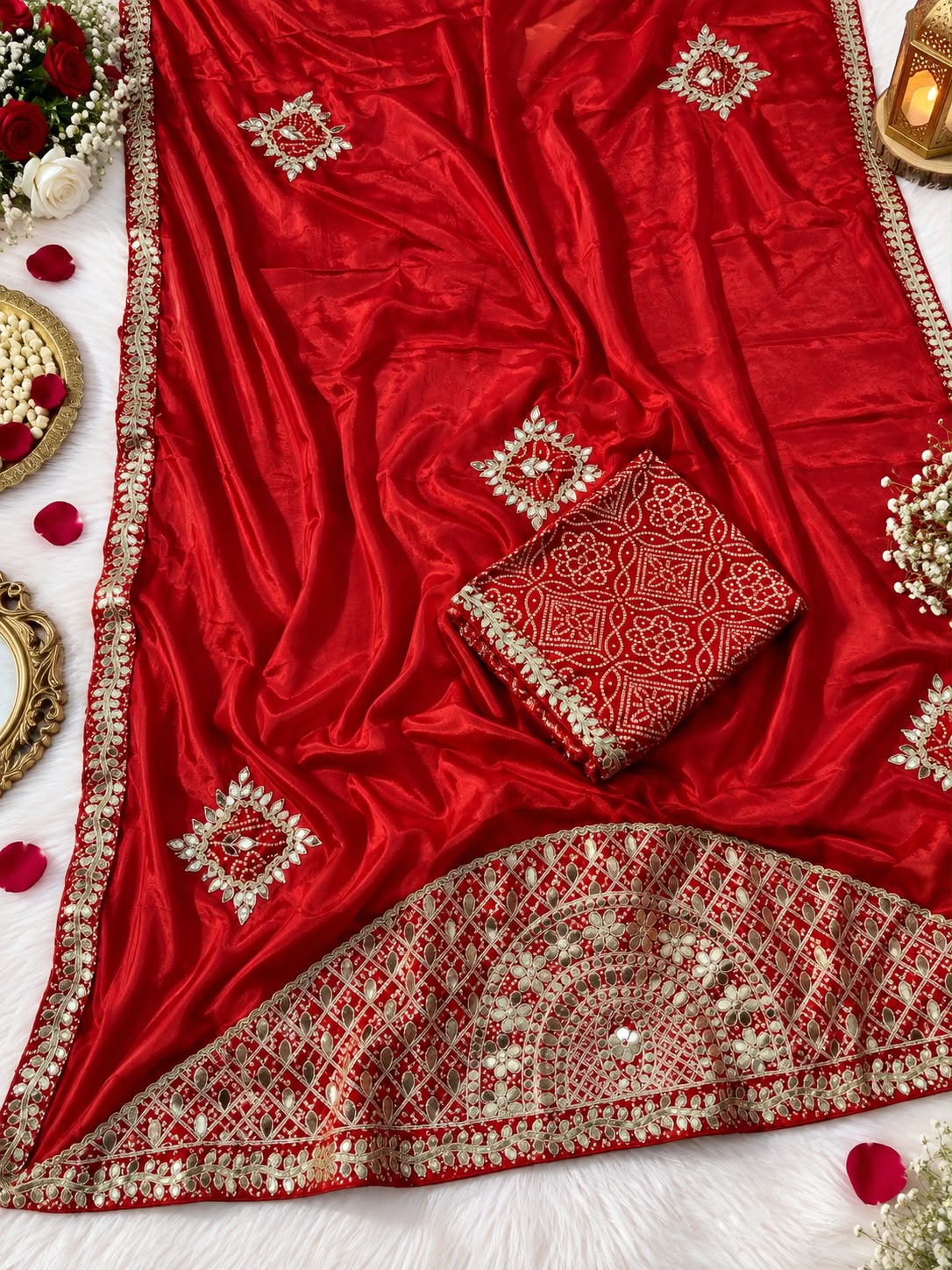 Chinon Saree with Heavy Bandhej Patch Butta & Gotapatti Work
