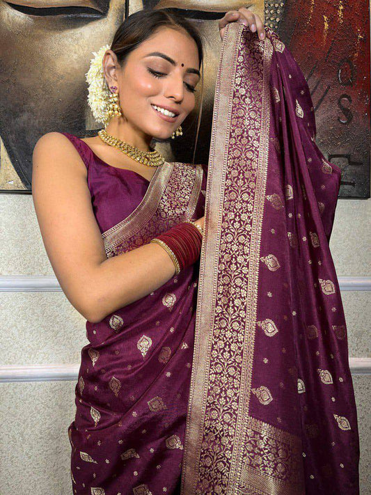 Wine Zari Woven Banarasi Silk Saree