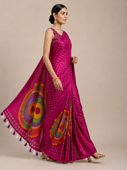 Premium Japan Satin Mirror Work Saree with Tassel Pallu