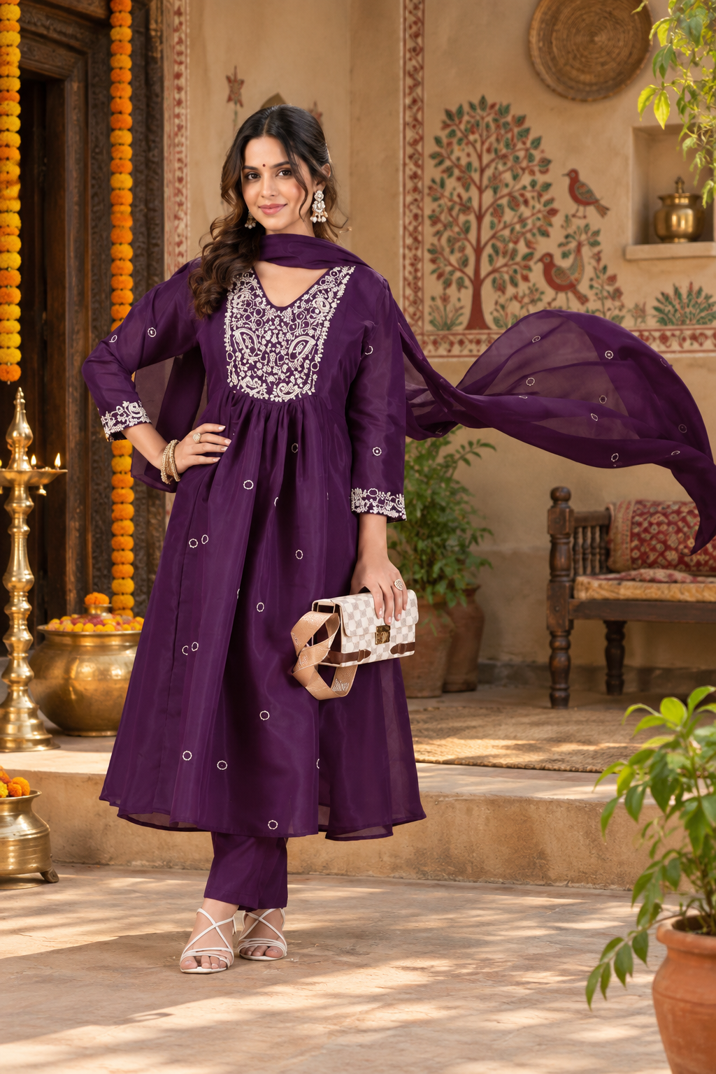 Women’s Mul Chanderi Anarkali Suit Set with Pant & Dupatta | Floral Thread Embroidery | 3 Piece Ethnic Wear
