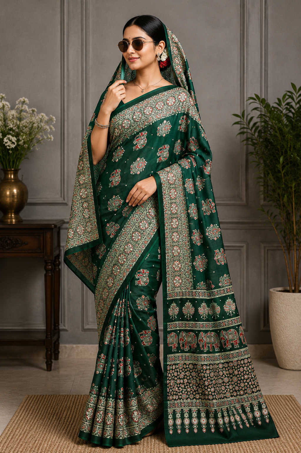 Elegant Ajrakh Pure Gajji Bandhej Soft Silk Saree With Mirror Work