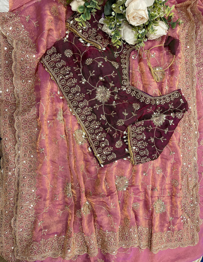 Adhya Fendy Chiffon Two Tone Saree with Embroidery, 3mm Sequence Jari Work & Fully Stitched Blouse | 6 Colors