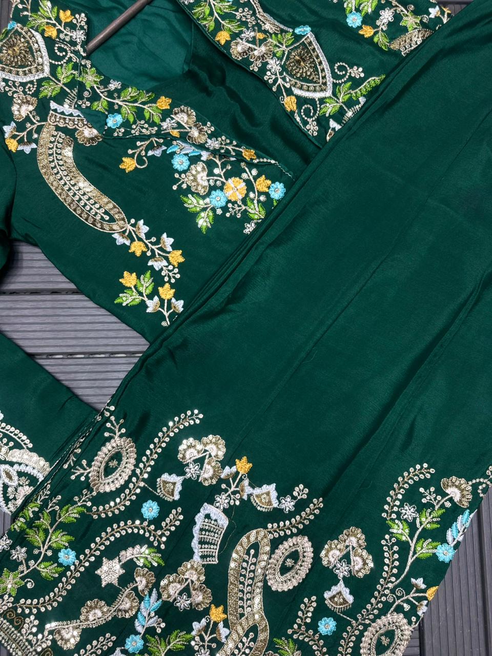 Designer Party Wear Embroidery Jacket Palazzo Set – Heavy Chinon 3 Piece Outfit