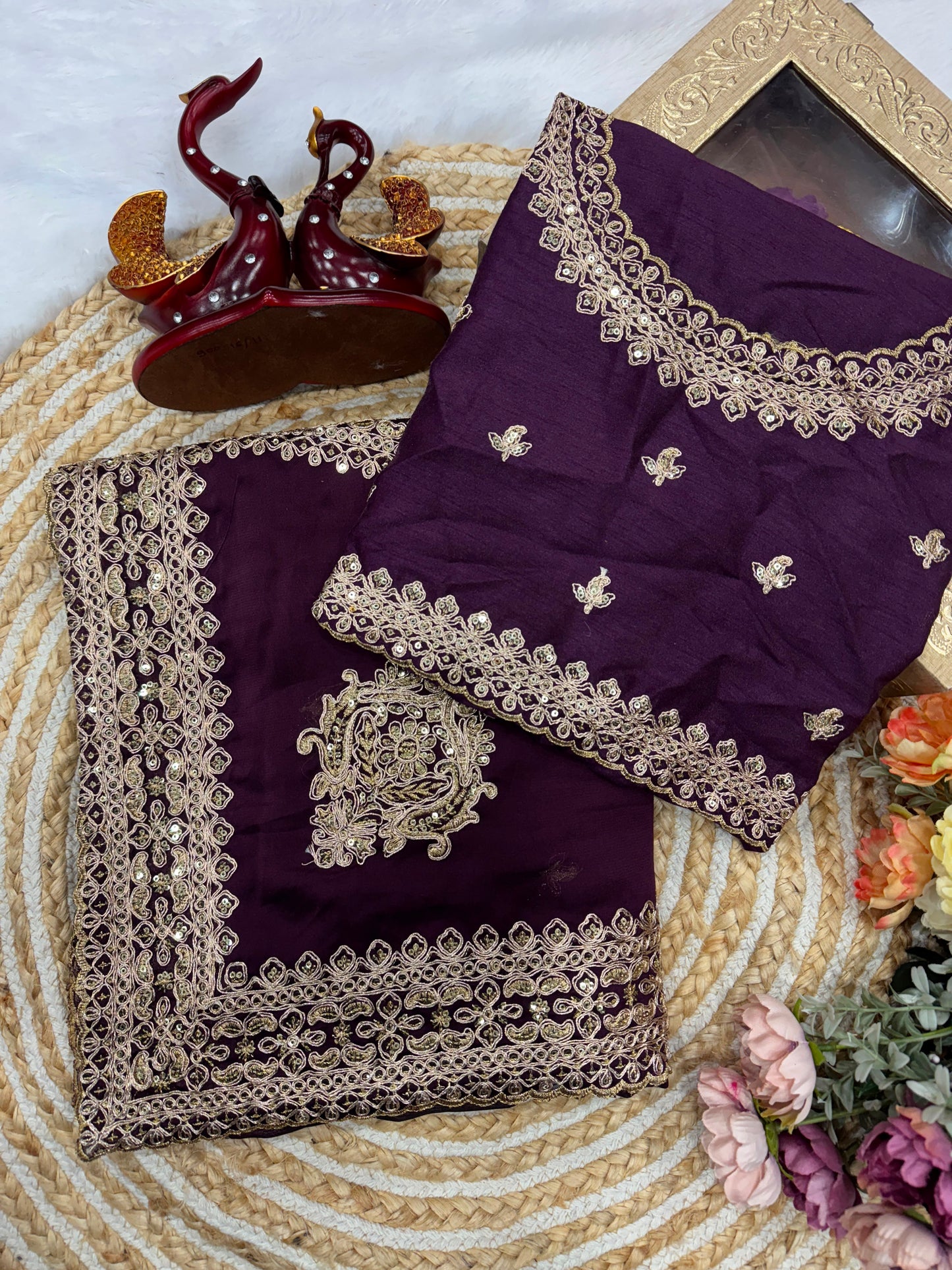 Purple Rangoli Silk Saree with Sequins & Dori Embroidery Work