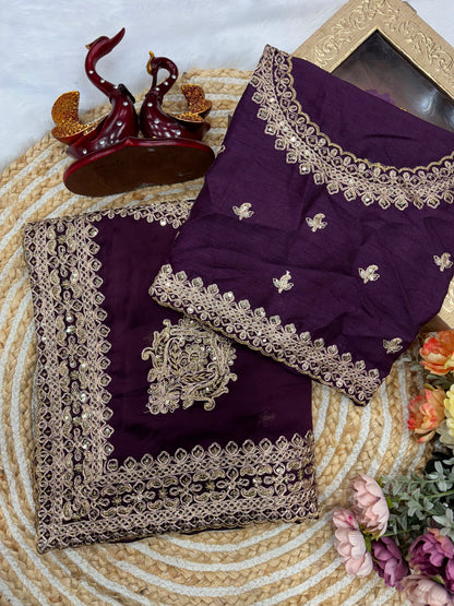 Purple Rangoli Silk Saree with Sequins & Dori Embroidery Work