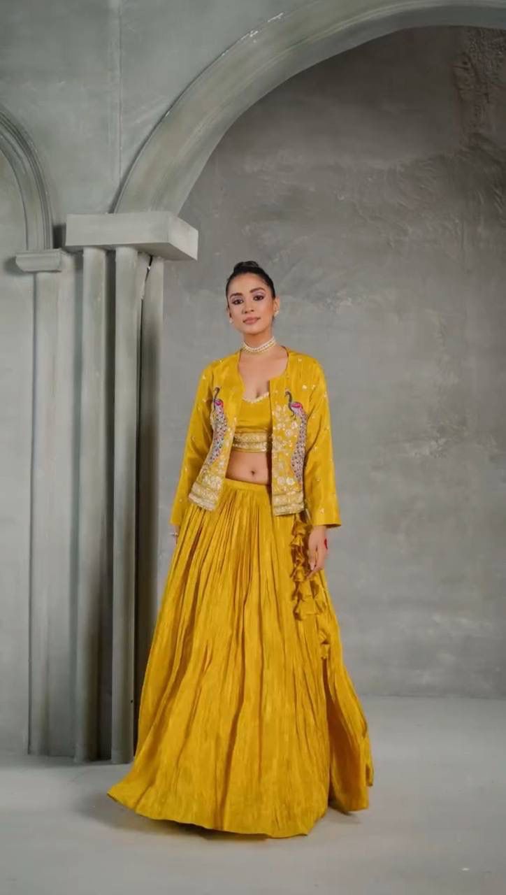Festival Special Chinon Crop Top Lehenga with Embroidered Jacket (Yellow)