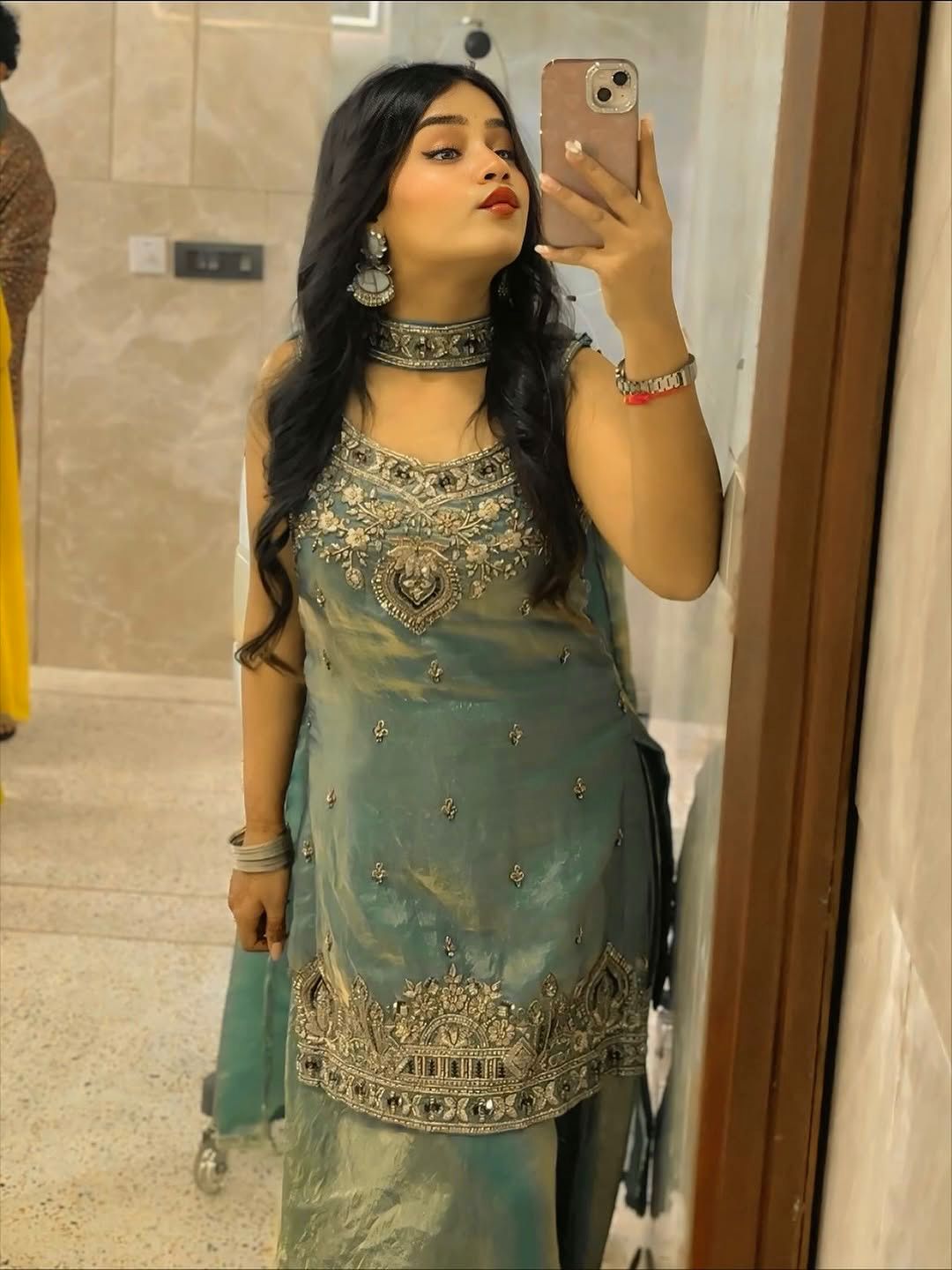 Heavy Two Tone Fendy Silk Sharara Suit With Embroidery Sequins Work & Dupatta