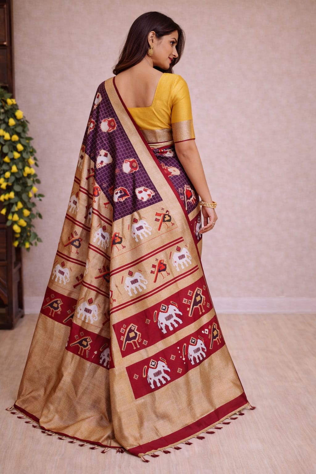 Soft Lichi Printed Saree with Elephant Border