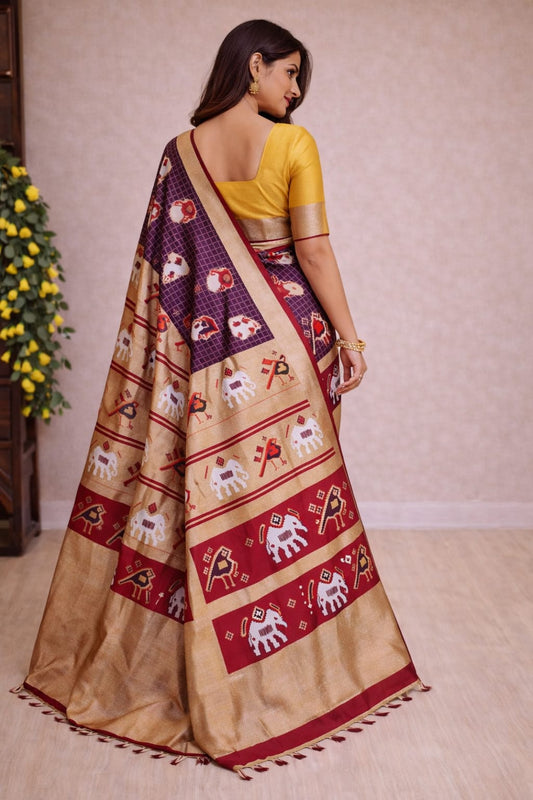 Soft Lichi Printed Saree with Elephant Border