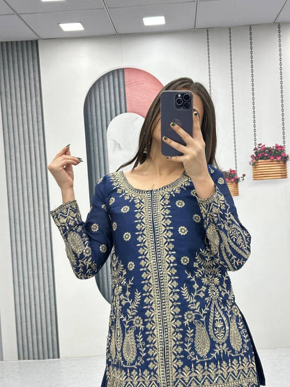 Designer Chinon Party Wear Top Plazzo Set