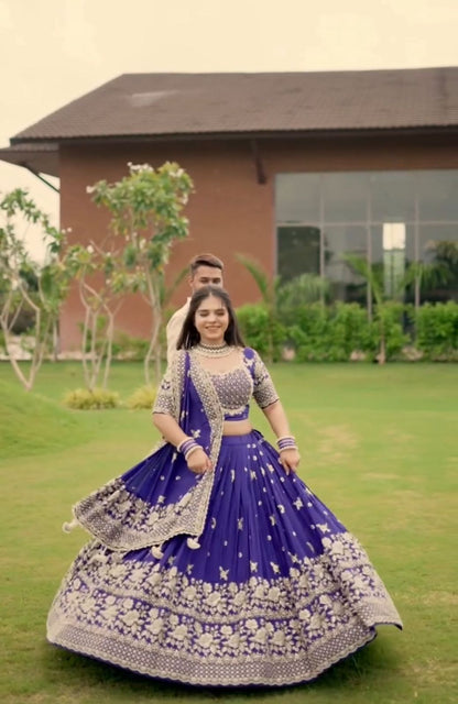 Royal Blue Chinon Embroidered Festival Lehenga Choli