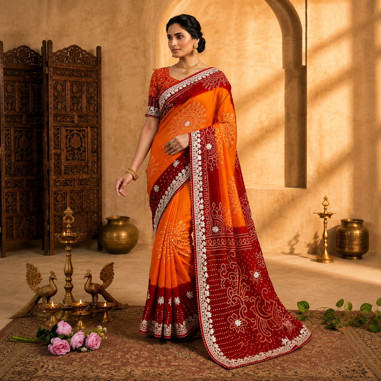 Premium Bandhani Peliya Saree with Heavy Multi Coding C-Pallu Work | Designer Party Wear Saree
