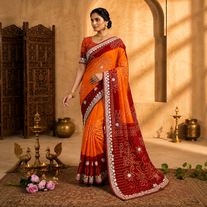 Premium Bandhani Peliya Saree with Heavy Multi Coding C-Pallu Work | Designer Party Wear Saree
