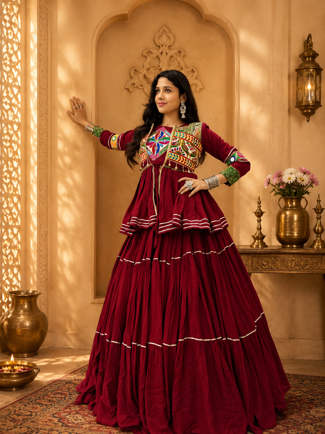 Navratri Gamthi Work Cotton Lehenga Choli with Koti | 9 Meter Flair Mirror Work | Women's Garba Dress