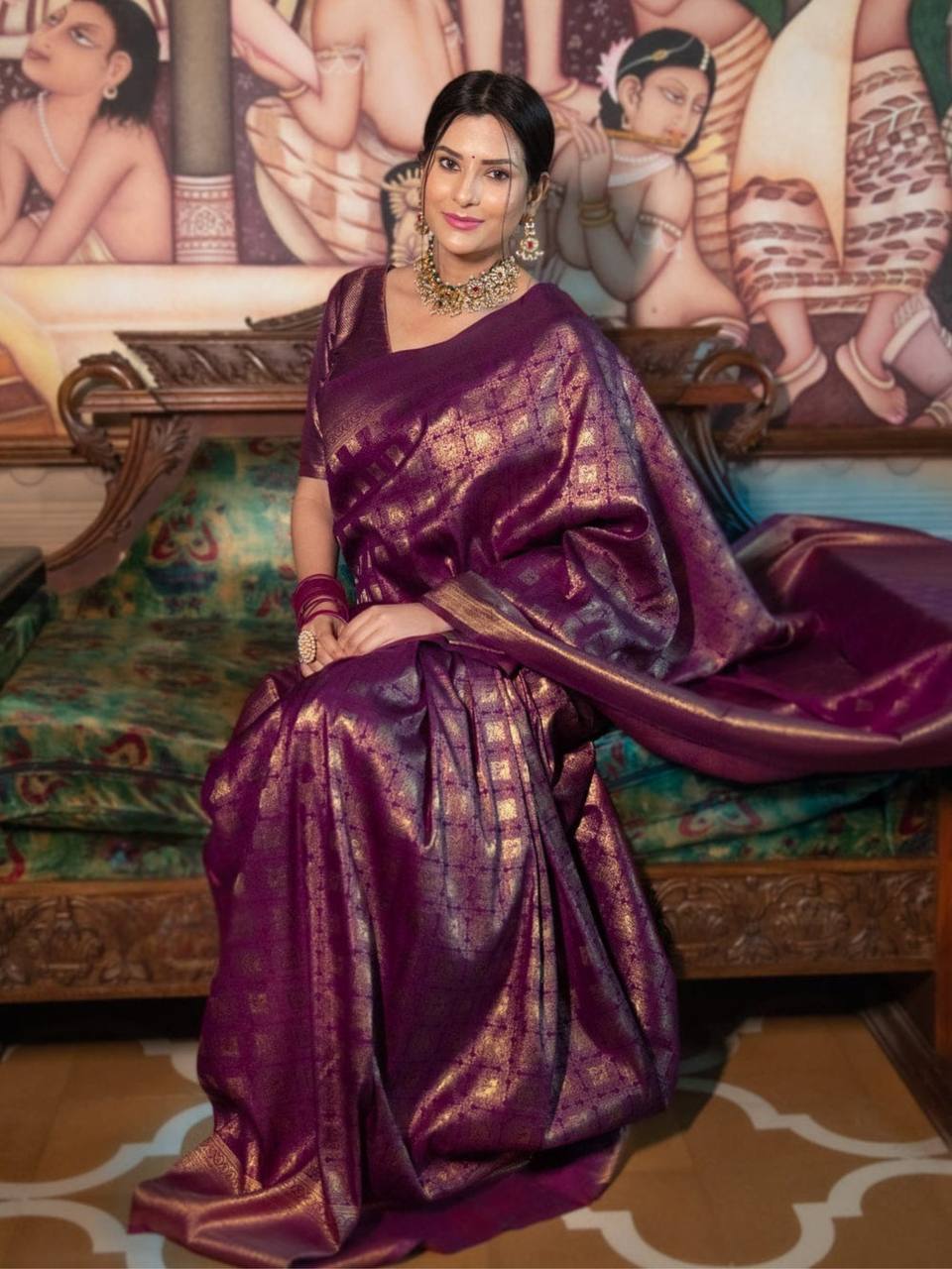 Royal Purple Zari Work Silk Look Saree