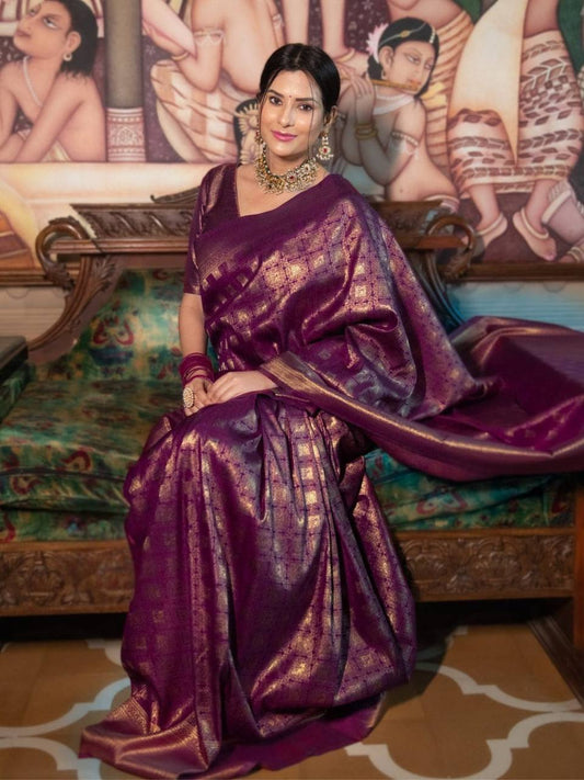 Royal Purple Zari Work Silk Look Saree