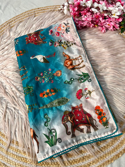 Beautiful Rajasthani Royal Look Soft Chinon Digital Saree with Mirror Work