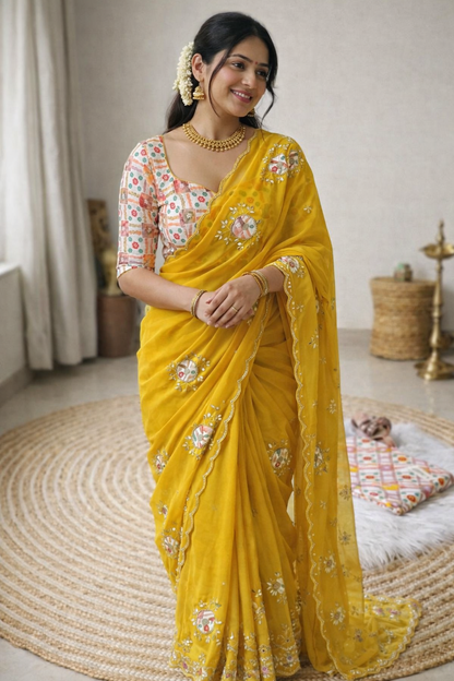 Heavy Star Georgette Saree with Mirror Work & Digital Print Designer Blouse