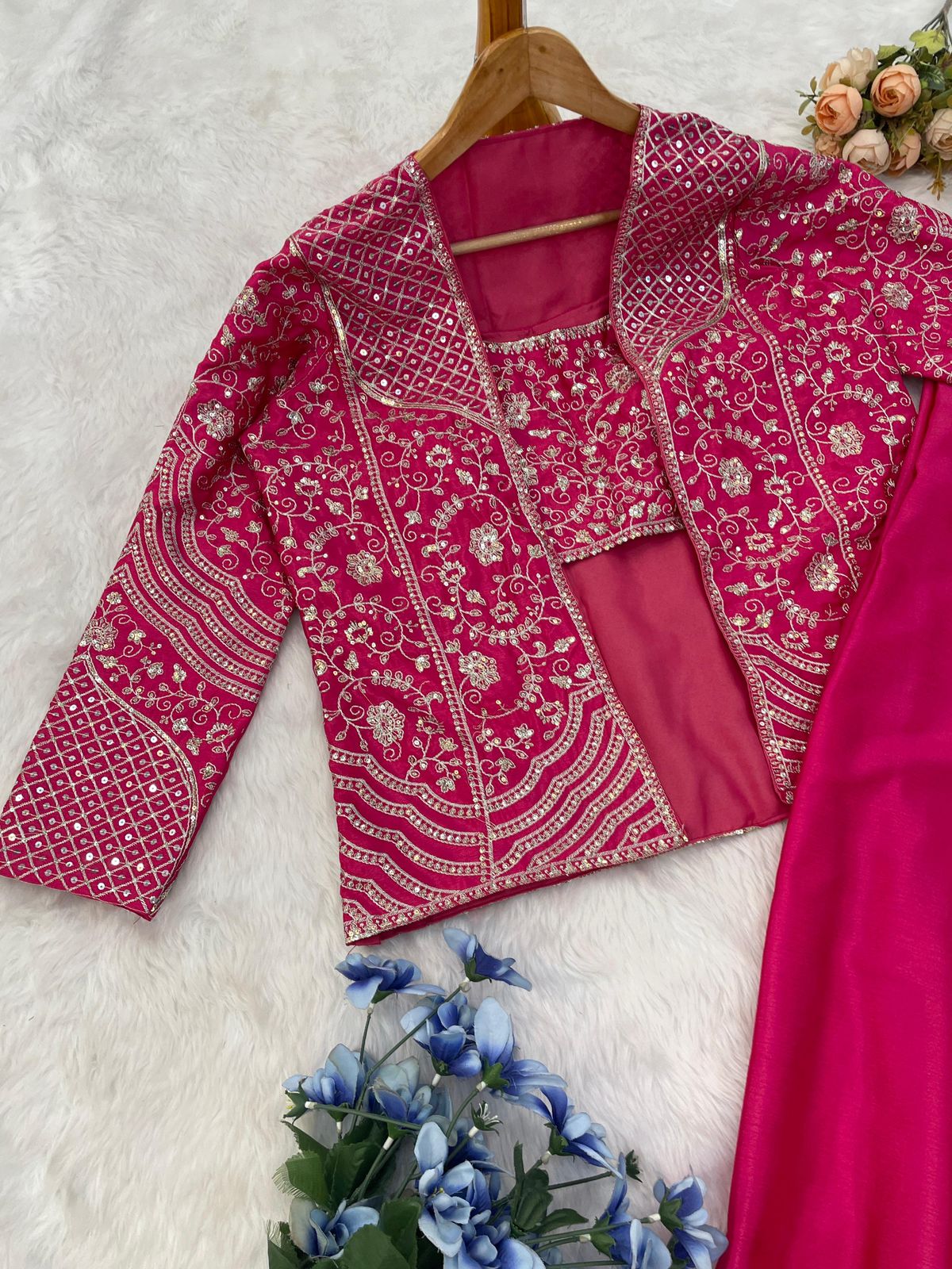 Elegant Rani Pink Embroidered Palazzo Koti Blouse Set in Chinon Silk