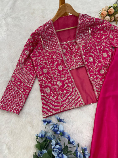 Elegant Rani Pink Embroidered Palazzo Koti Blouse Set in Chinon Silk