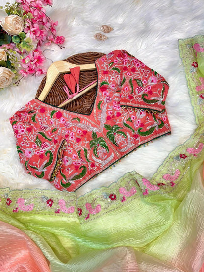 Candy Crush Embroidery Border Saree with Stitched Blouse