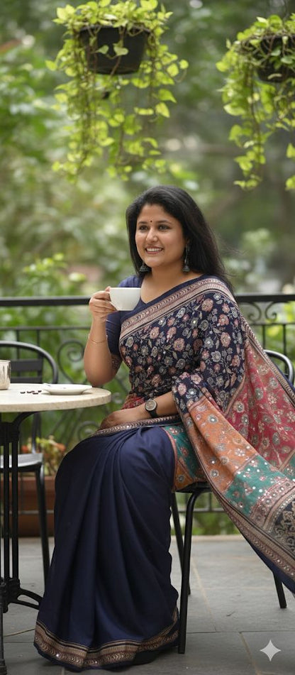 Yellow Mirror Chinon Saree with Digital Print & Mirror Work