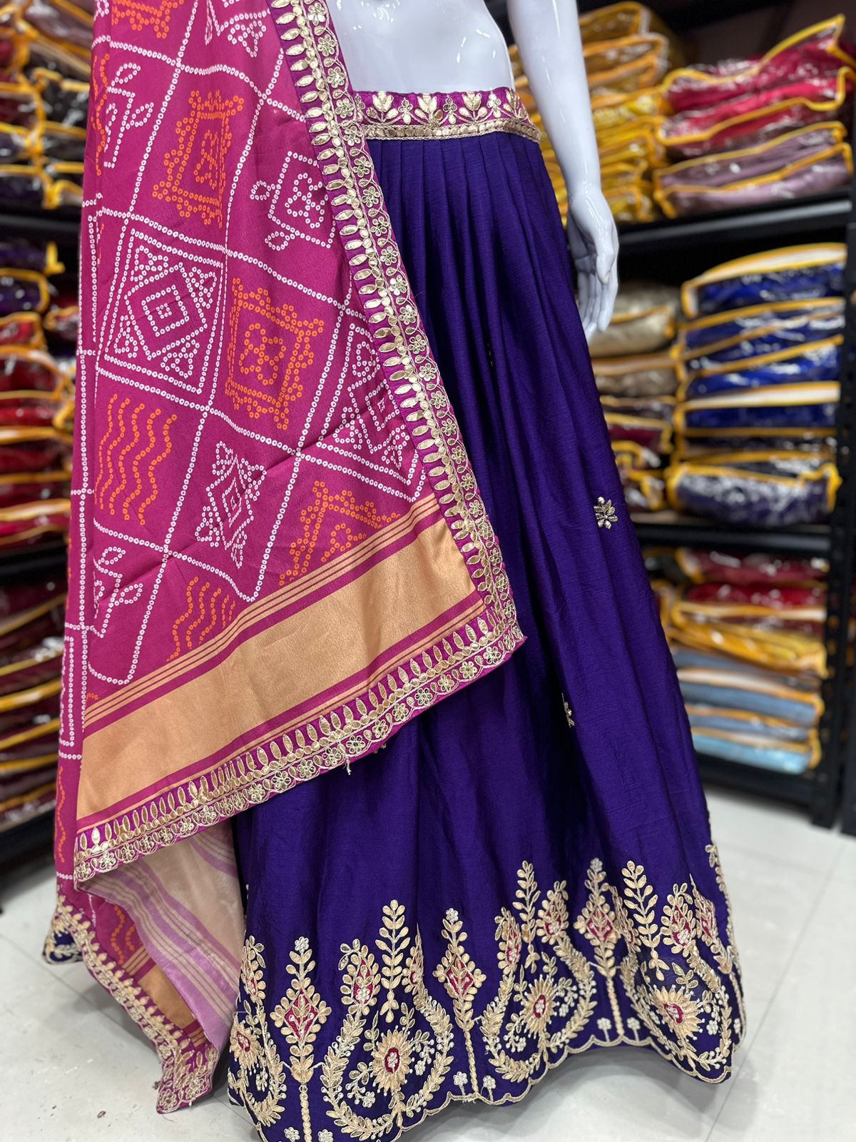 Purple Chinon Embroidery Lehenga Choli with Gotta Patti Work | Full Stitched