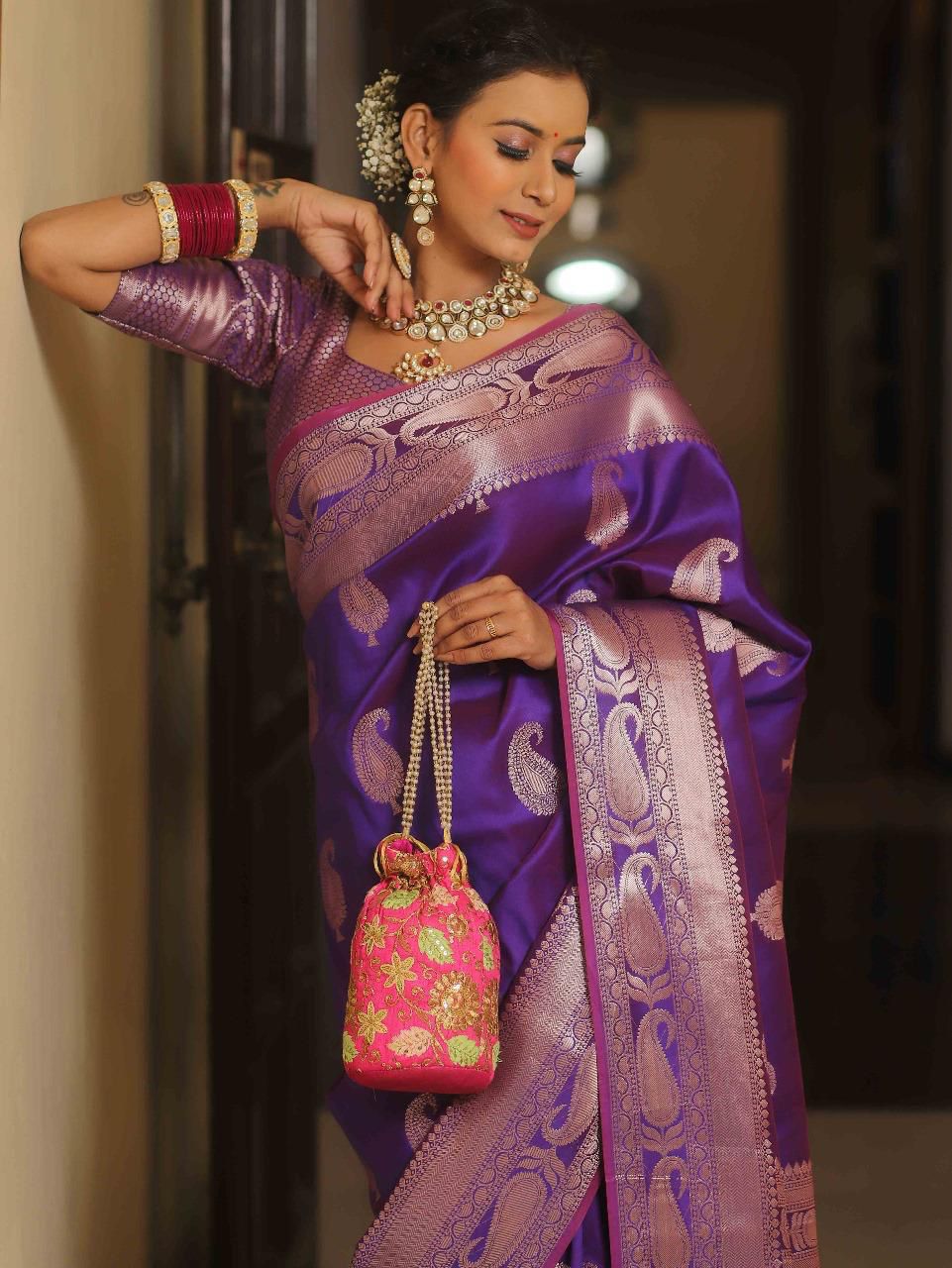 Pure Gold Zari Lichi Silk Saree