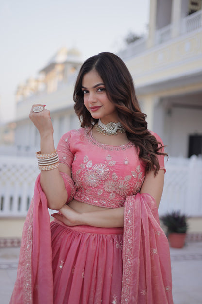 Women Pink Fendi Silk Embroidered Wedding & Party Wear Lehenga Choli