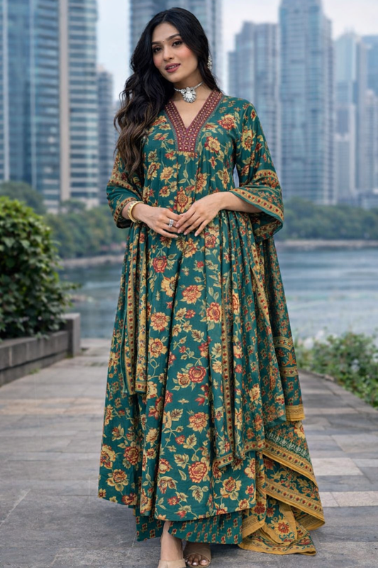 Premium Cotton Blend A-Line Printed Suit Set with Dupatta (Top, Bottom & Dupatta)