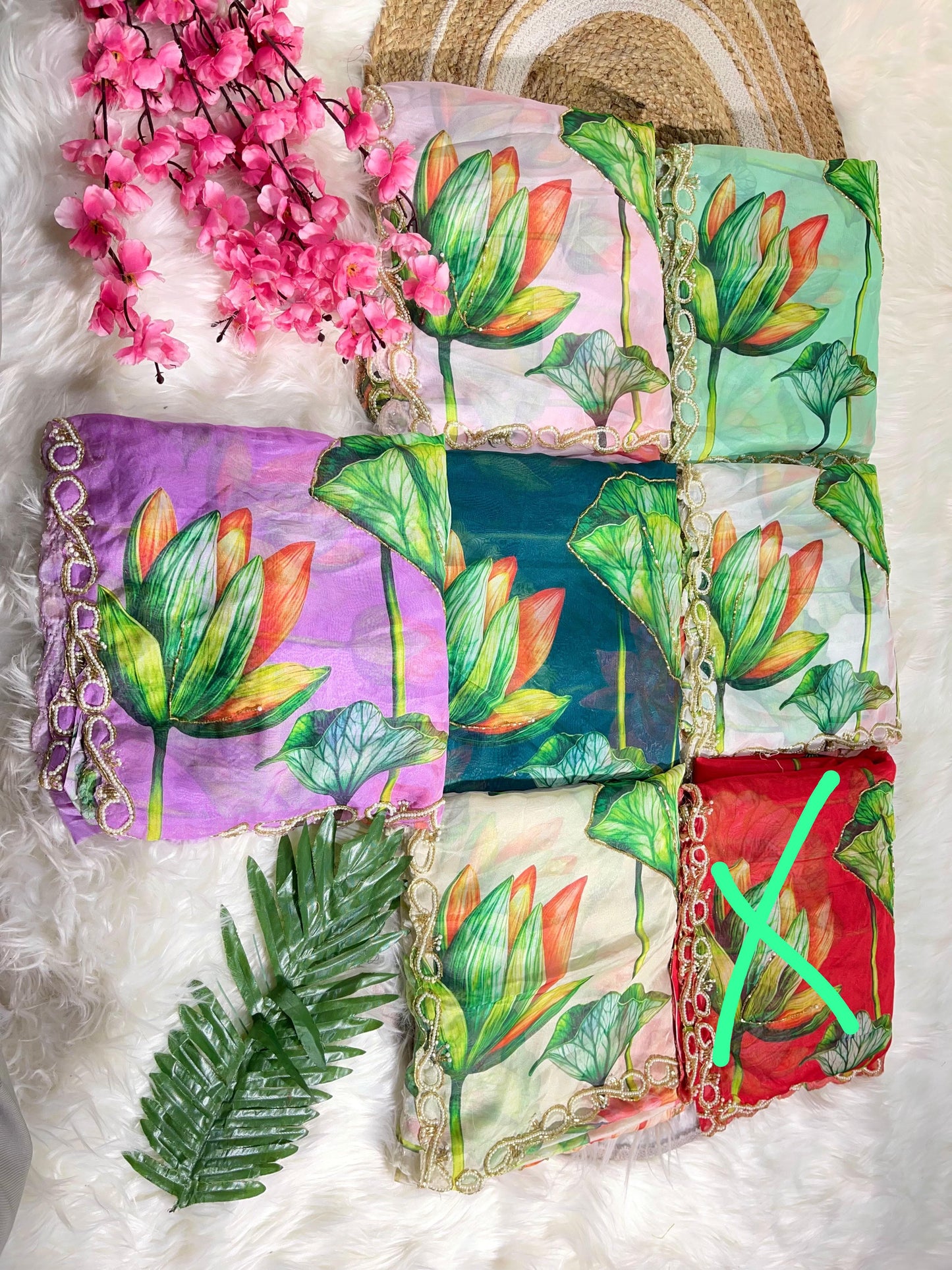 Pure Soft Teby Silk Floral Print Saree with Khatli Moti Border & Designer Blouse