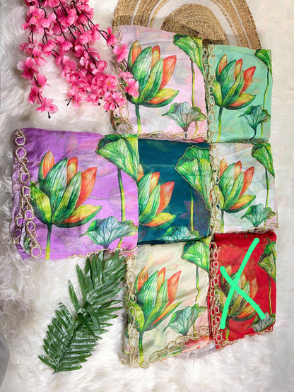 Pure Soft Teby Silk Floral Print Saree with Khatli Moti Border & Designer Blouse