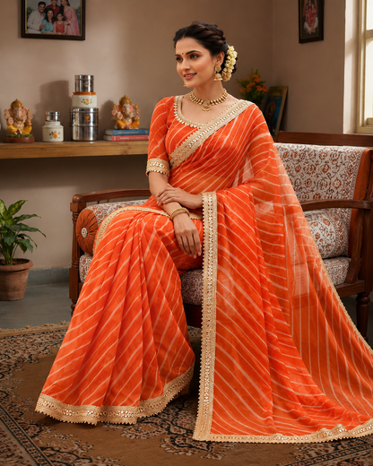 Georgette Leheriya Saree with Mirror Lace Border & Unstitched Blouse | Designer Party Wear Saree