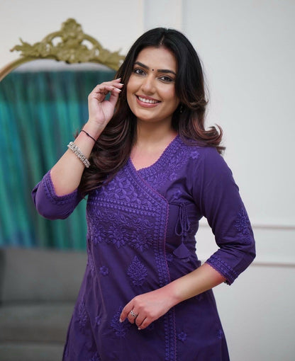 Cotton Chikankari Angrakha Kurti Set