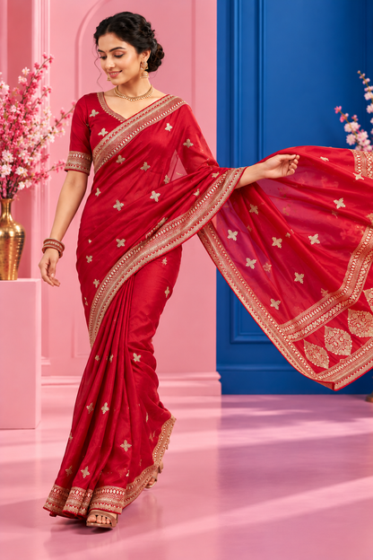 Premium Vichitra Silk Saree with Heavy Zari Sequins Work, Butti & Cutwork Border